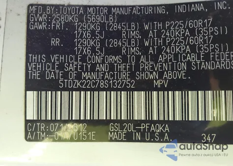 2008 Toyota Sienna Xle z USA, uszkodzony, nr VIN 5TDZK22C78S132752